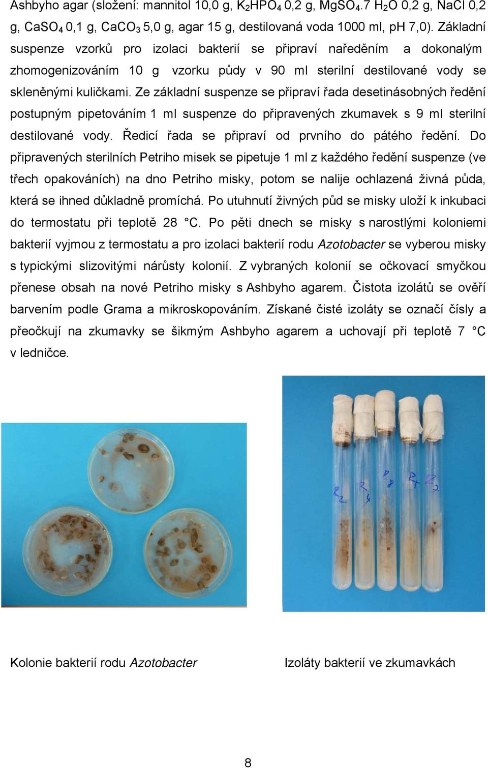 Ze základní suspenze se připraví řada desetinásobných ředění postupným pipetováním 1 ml suspenze do připravených zkumavek s 9 ml sterilní destilované vody.