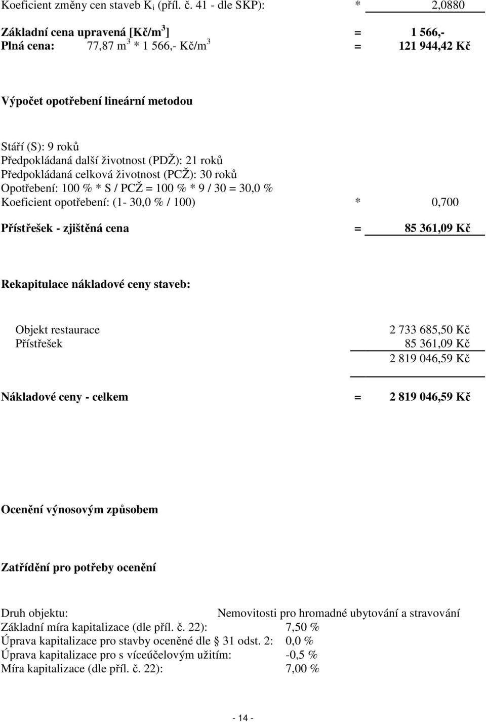 životnost (PDŽ): 21 roků Předpokládaná celková životnost (PCŽ): 30 roků Opotřebení: 100 % * S / PCŽ = 100 % * 9 / 30 = 30,0 % Koeficient opotřebení: (1-30,0 % / 100) * 0,700 Přístřešek - zjištěná