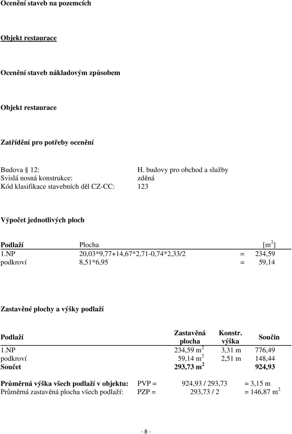 NP 20,03*9,77+14,67*2,71-0,74*2,33/2 = 234,59 podkroví 8,51*6,95 = 59,14 Zastavěné plochy a výšky podlaží Podlaží Zastavěná Konstr. plocha výška Součin 1.