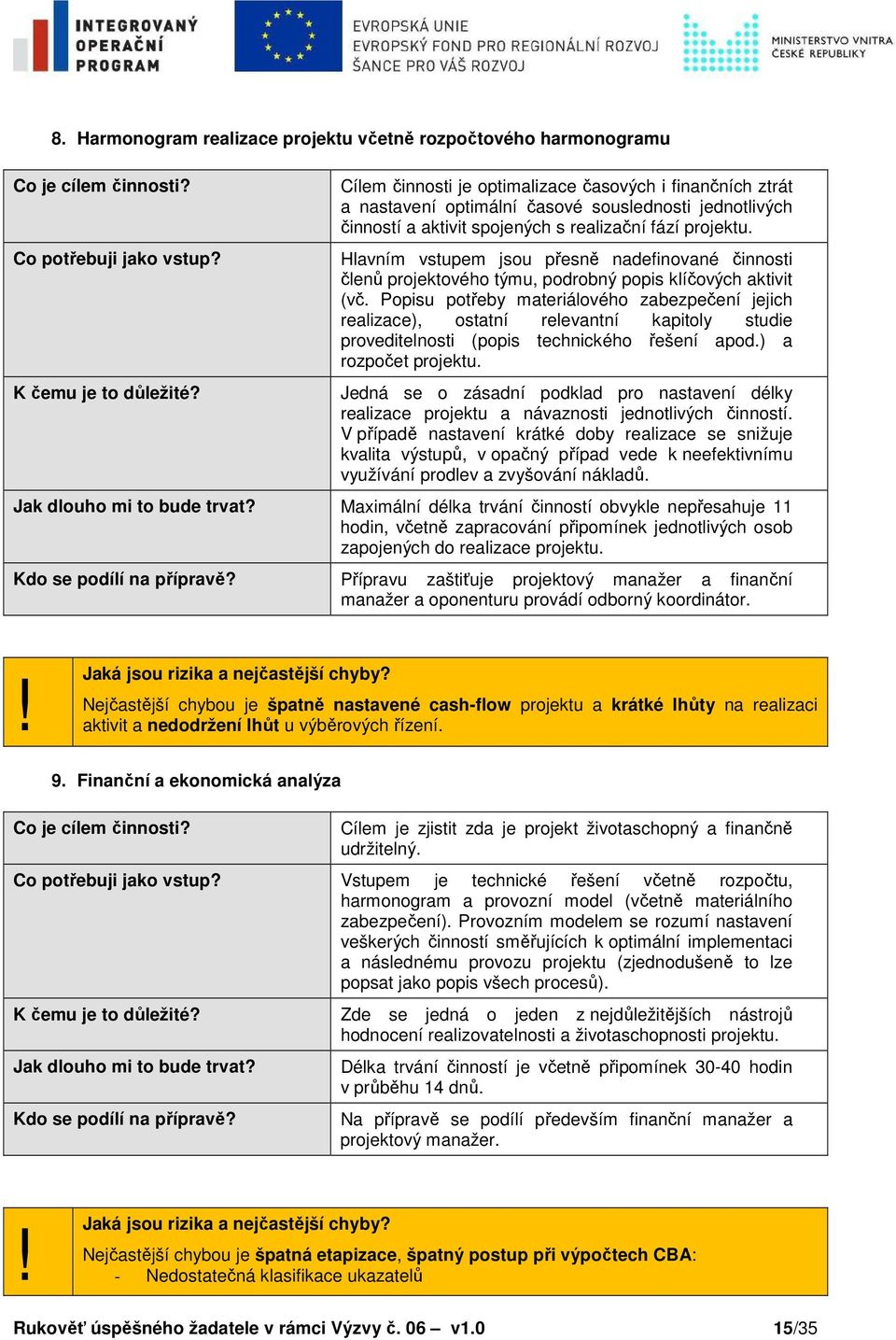 Hlavním vstupem jsou přesně nadefinované činnosti členů projektového týmu, podrobný popis klíčových aktivit (vč.