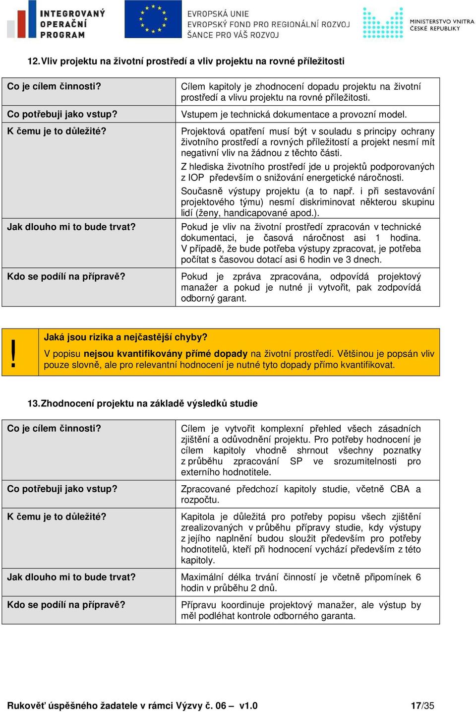 Projektová opatření musí být v souladu s principy ochrany životního prostředí a rovných příležitostí a projekt nesmí mít negativní vliv na žádnou z těchto části.