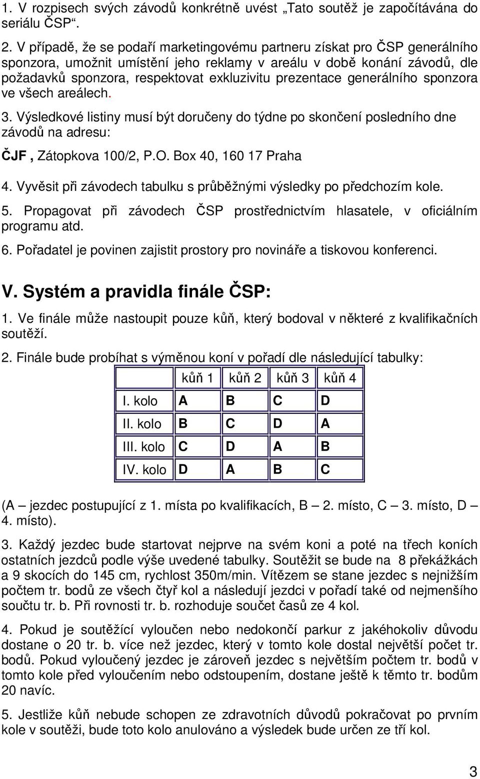 prezentace generálního sponzora ve všech areálech. 3. Výsledkové listiny musí být doručeny do týdne po skončení posledního dne závodů na adresu: ČJF, Zátopkova 100/2, P.O. Box 40, 160 17 Praha 4.