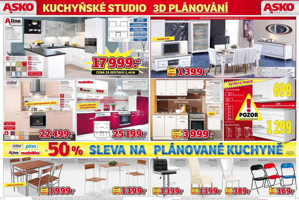 plocha: Woodline creme, cena za vyobrazenou sestavu bez doplňků, elektrospotřebičů, baterie a dřezu. 3 5 vysoký lesk Šířka sestavy 2,40 m 2 19 Barev frontů 17.