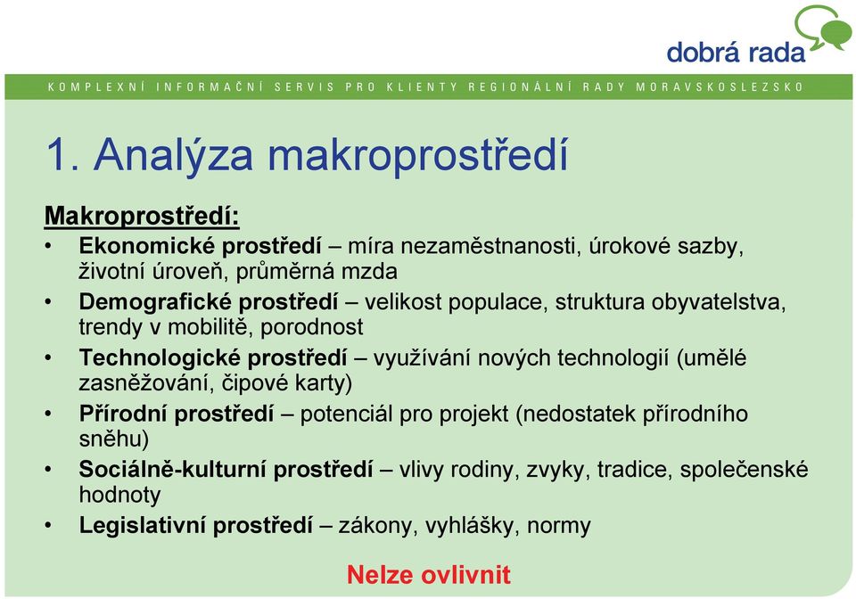 nových technologií (umělé zasněžování, čipové karty) Přírodní prostředí potenciál pro projekt (nedostatek přírodního sněhu)