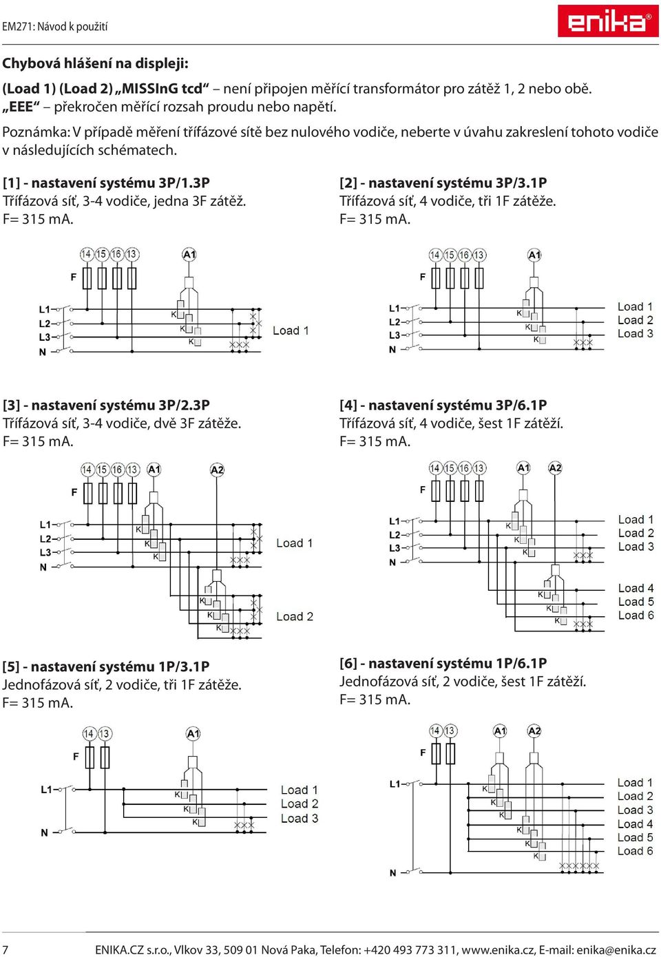 3P Třífázová síť, 3-4 vodiče, jedna 3F zátěž. F= 315 ma. [2] - nastavení systému 3P/3.1P Třífázová síť, 4 vodiče, tři 1F zátěže. F= 315 ma. [3] - nastavení systému 3P/2.