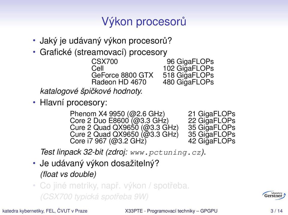 špičkové hodnoty. Hlavní procesory: Phenom X4 9950 (@2.6 GHz) 21 GigaFLOPs Core 2 Duo E8600 (@3.3 GHz) 22 GigaFLOPs Core i7 967 (@3.