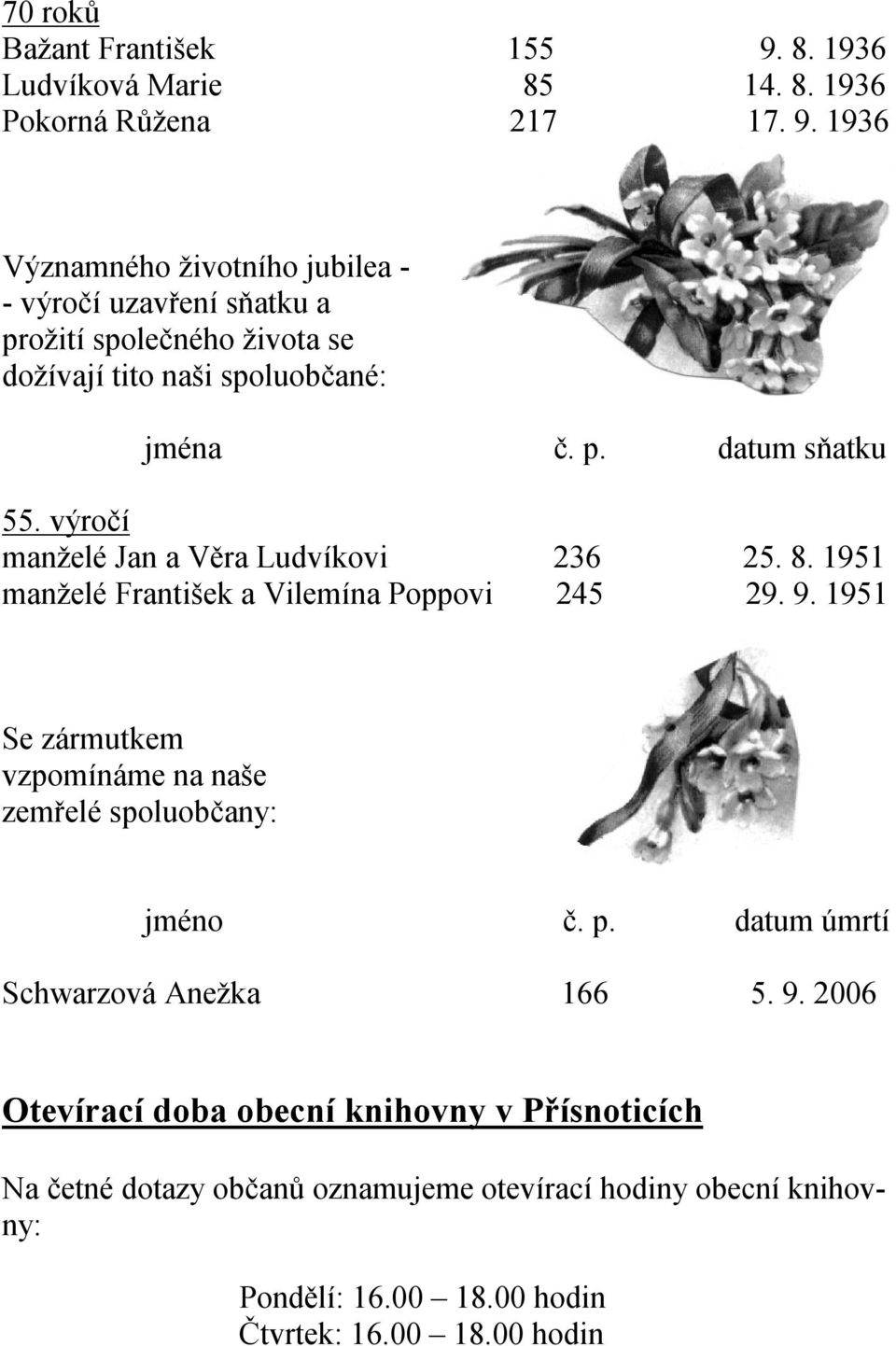 1936 Významného životního jubilea - - výročí uzavření sňatku a prožití společného života se dožívají tito naši spoluobčané: jména č. p. datum sňatku 55.