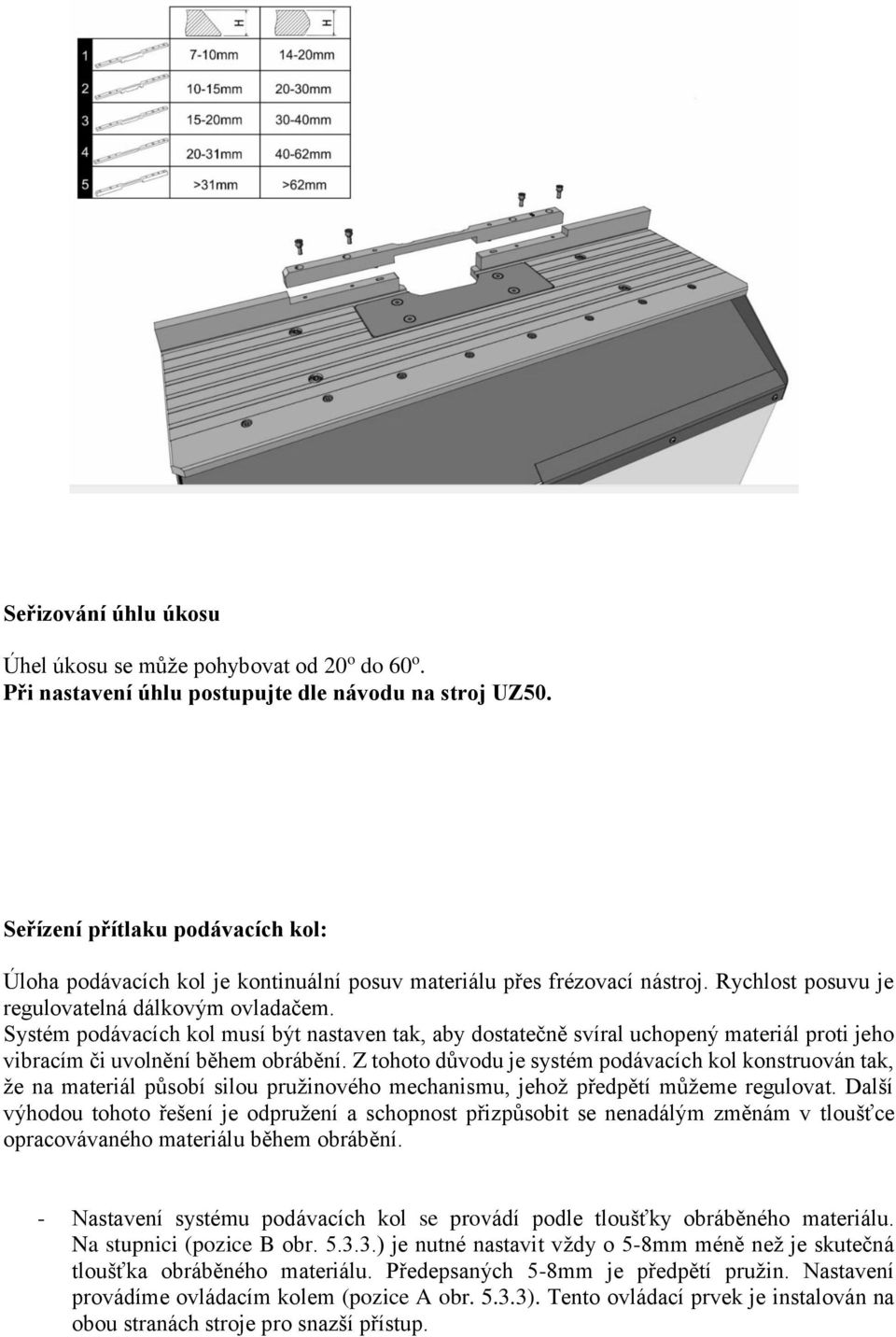Systém podávacích kol musí být nastaven tak, aby dostatečně svíral uchopený materiál proti jeho vibracím či uvolnění během obrábění.