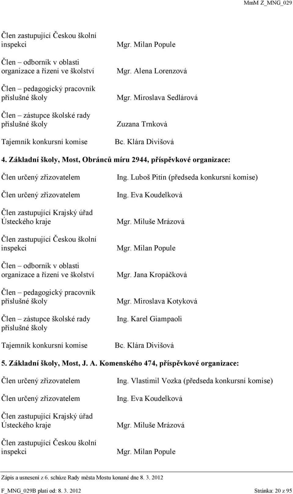 Základní školy, Most, Obránců míru 2944, příspěvkové organizace: Člen určený zřizovatelem Člen určený zřizovatelem Člen zastupující Krajský úřad Ústeckého kraje  konkursní komise Ing.