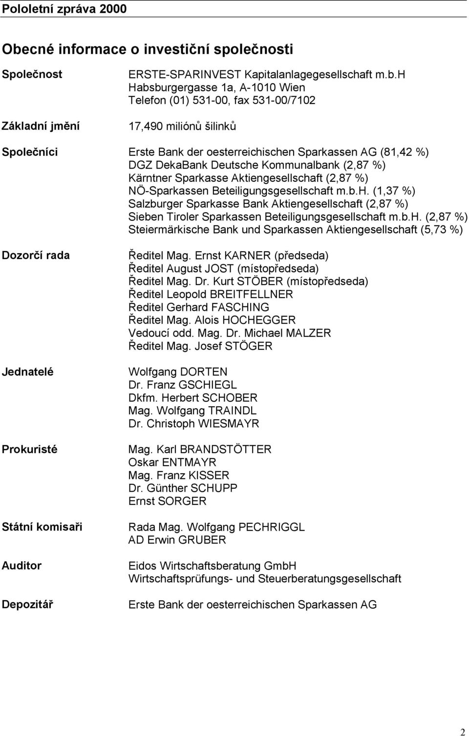 h Habsburgergasse 1a, A-1010 Wien Telefon (01) 531-00, fax 531-00/7102 17,490 miliónů šilinků Společníci Erste Bank der oesterreichischen Sparkassen AG (81,42 %) DGZ DekaBank Deutsche Kommunalbank