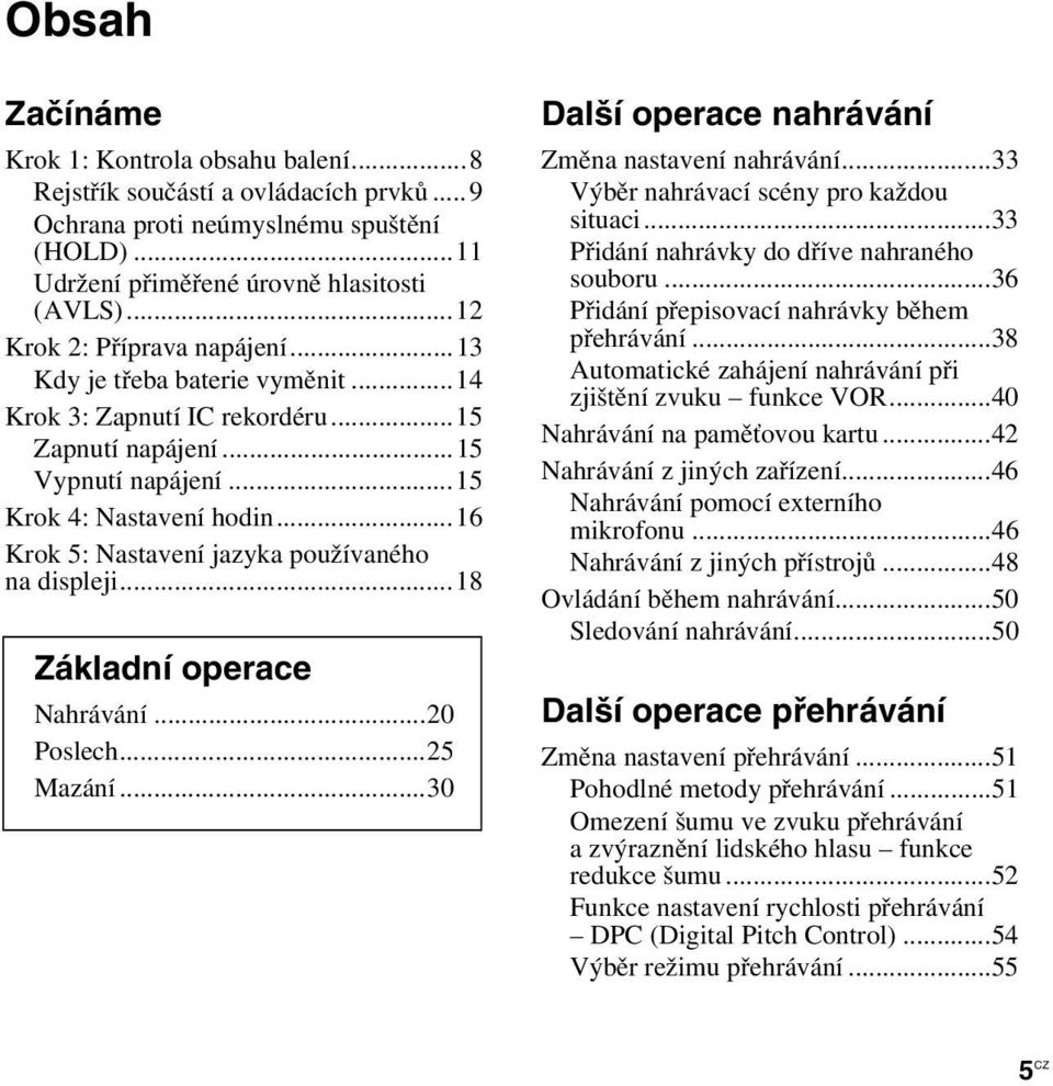 ..16 Krok 5: Nastavení jazyka používaného na displeji...18 Základní operace Nahrávání...20 Poslech...25 Mazání...30 Další operace nahrávání Změna nastavení nahrávání.