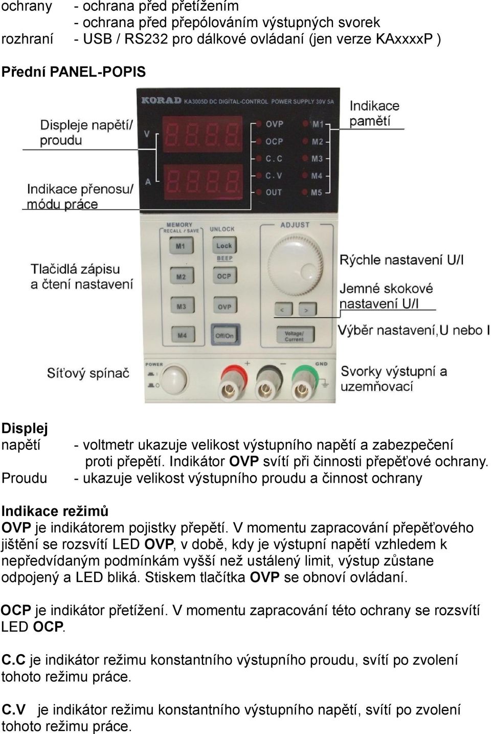 - ukazuje velikost výstupního proudu a činnost ochrany Indikace režimů OVP je indikátorem pojistky přepětí.