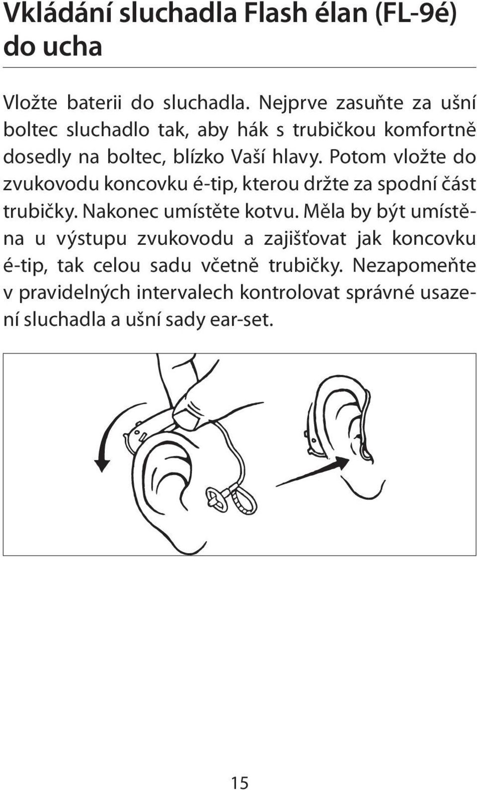 Potom vložte do zvukovodu koncovku é-tip, kterou držte za spodní část trubičky. Nakonec umístěte kotvu.