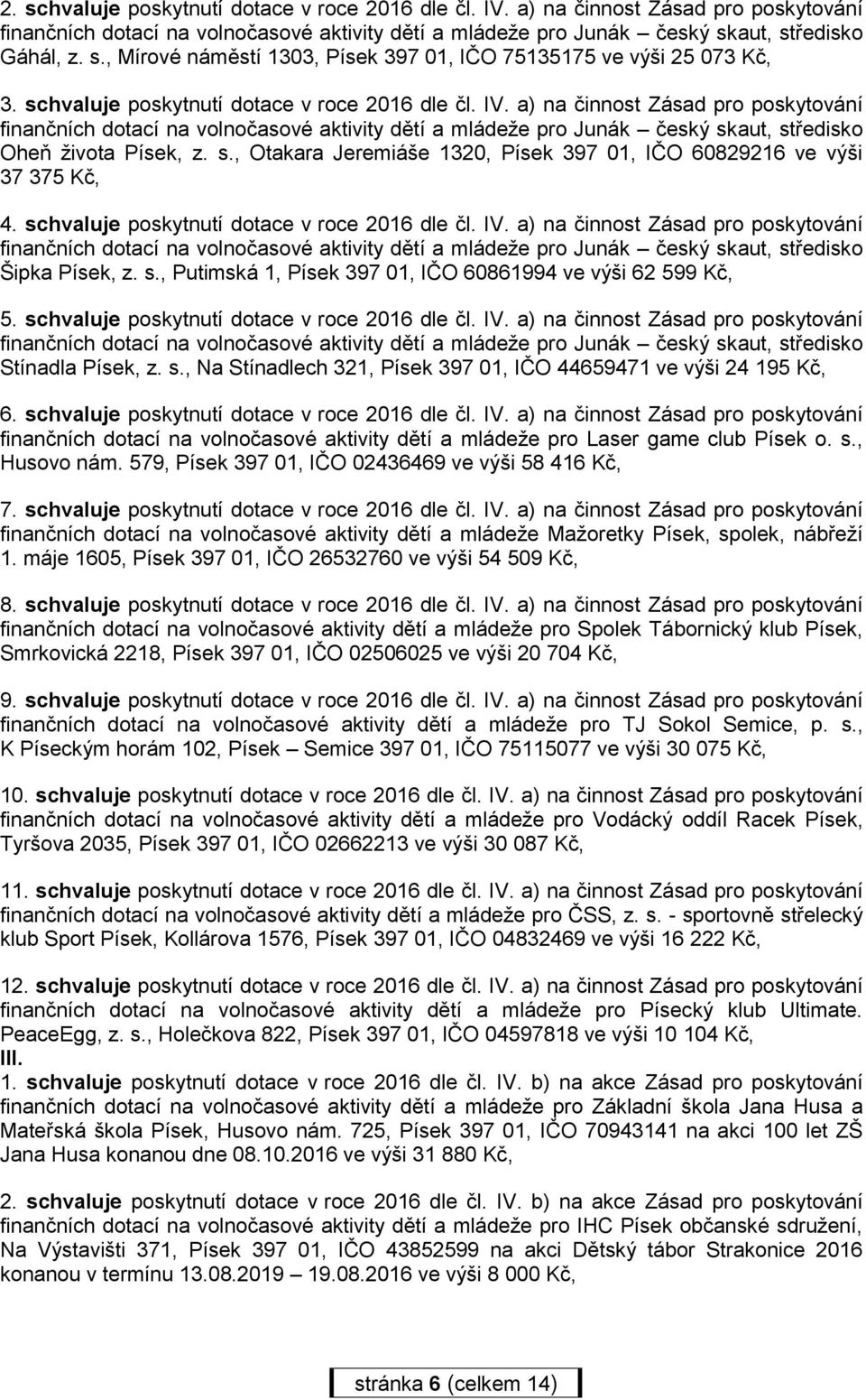 s., Otakara Jeremiáše 1320, Písek 397 01, IČO 60829216 ve výši 37 375 Kč, 4. schvaluje poskytnutí dotace v roce 2016 dle čl. IV.