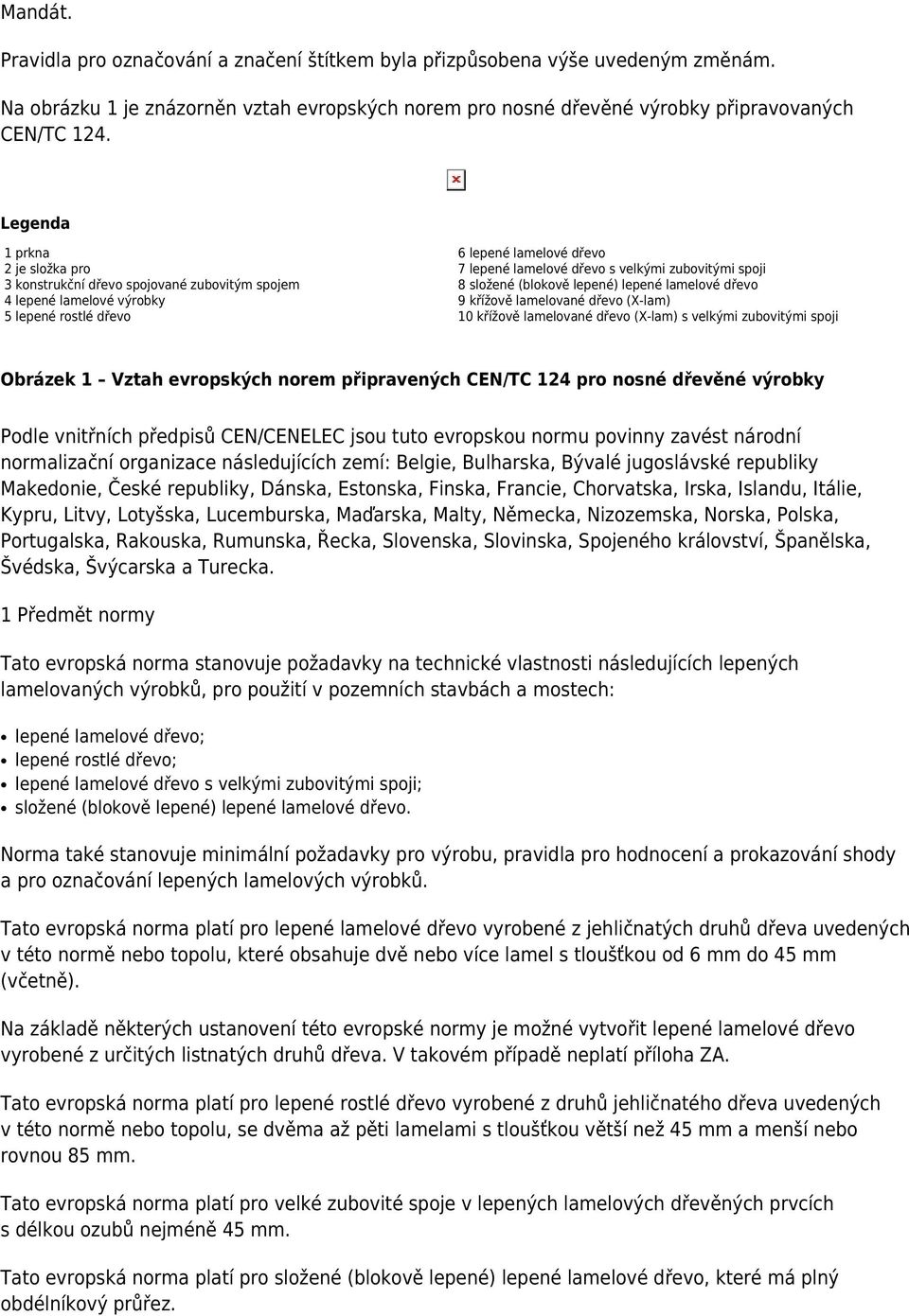 spoji 8 složené (blokově lepené) lepené lamelové dřevo 9 křížově lamelované dřevo (X-lam) 10 křížově lamelované dřevo (X-lam) s velkými zubovitými spoji Obrázek 1 Vztah evropských norem připravených
