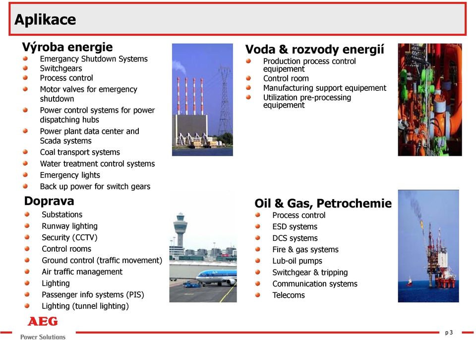 (traffic movement) Air traffic management Lighting Passenger info systems (PIS) Lighting (tunnel lighting) Voda & rozvody energií Production process control equipement Control room Manufacturing actu