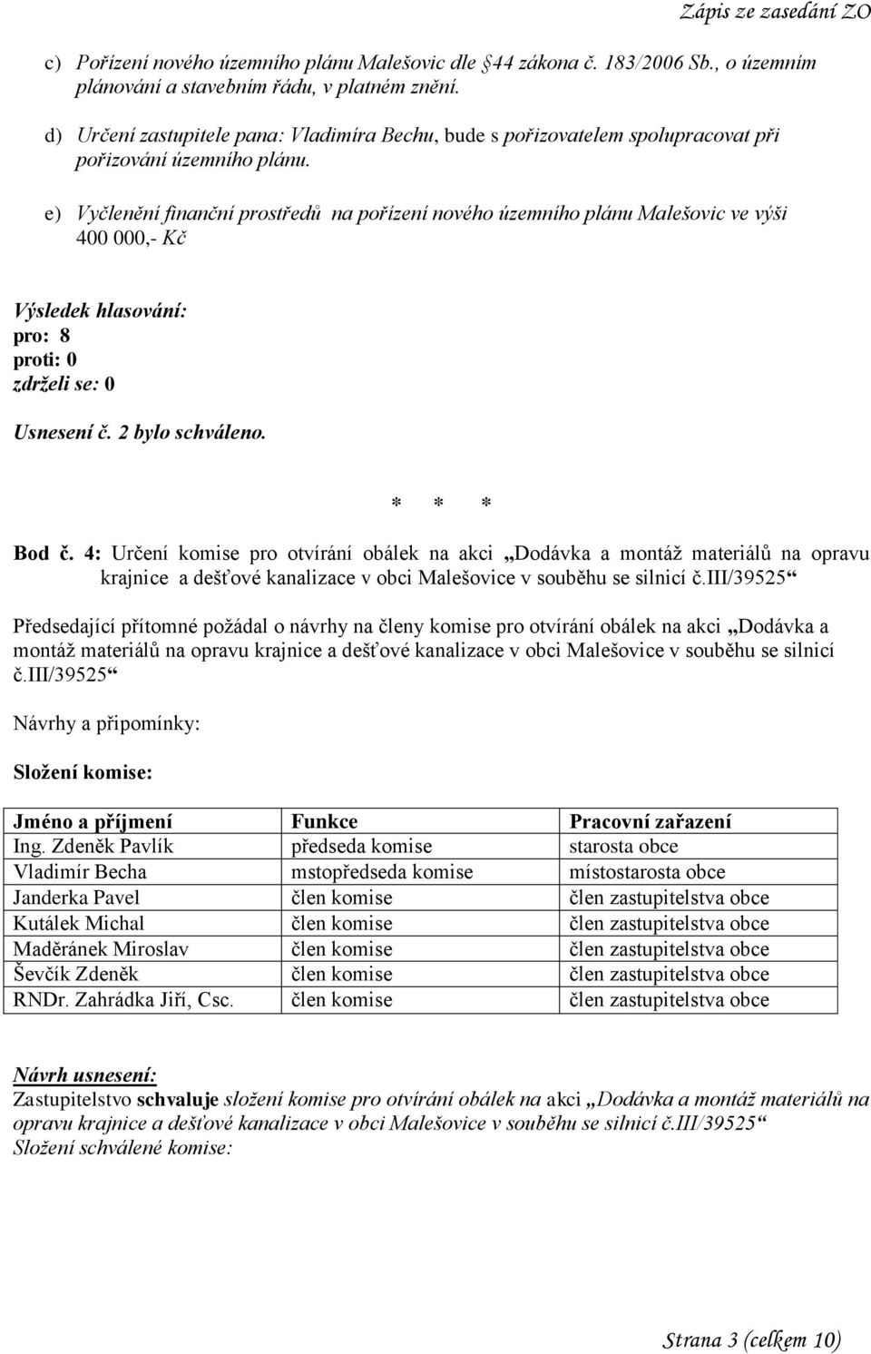 e) Vyčlenění finanční prostředů na pořízení nového územního plánu Malešovic ve výši 400 000,- Kč Usnesení č. 2 bylo schváleno. Bod č.