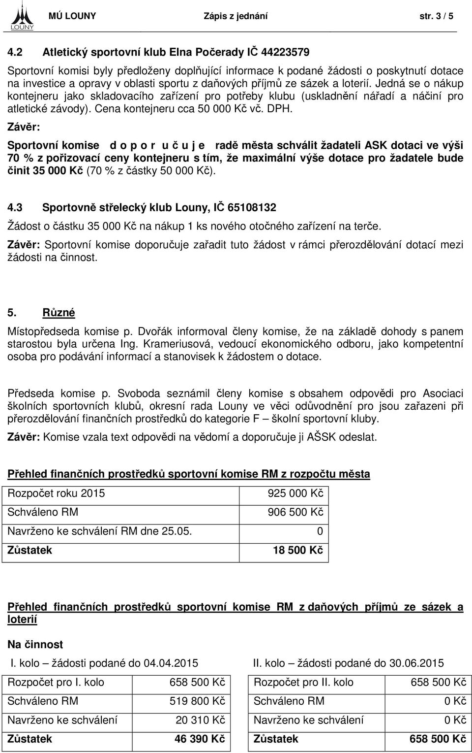 příjmů ze sázek a loterií. Jedná se o nákup kontejneru jako skladovacího zařízení pro potřeby klubu (uskladnění nářadí a náčiní pro atletické závody). Cena kontejneru cca 50 000 Kč vč. DPH.
