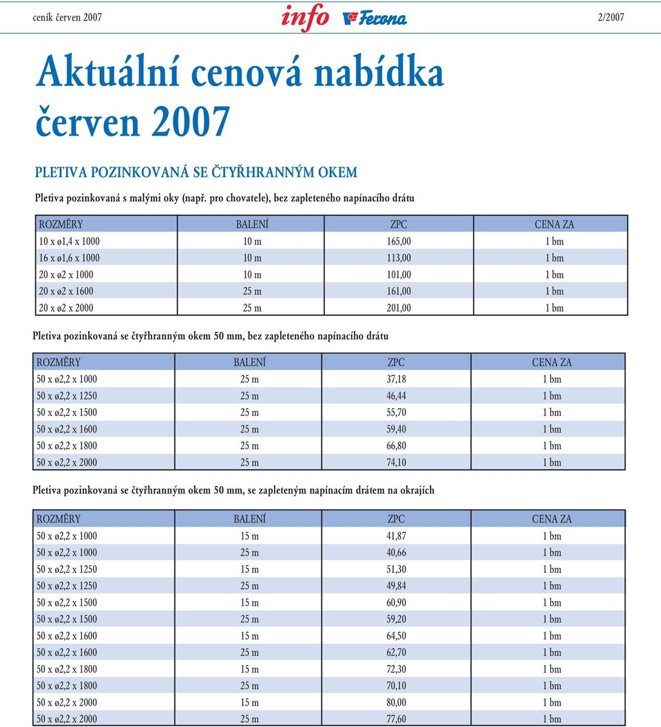 m 201,00 1 bm Pletiva pozinkovaná se čtyřhranným okem 50 mm, bez zapleteného napínacího drátu 50 x ø2,2 x 1000 25 m 37,18 1 bm 50 x ø2,2 x 1250 25 m 46,44 1 bm 50 x ø2,2 x 1500 25 m 55,70 1 bm 50 x