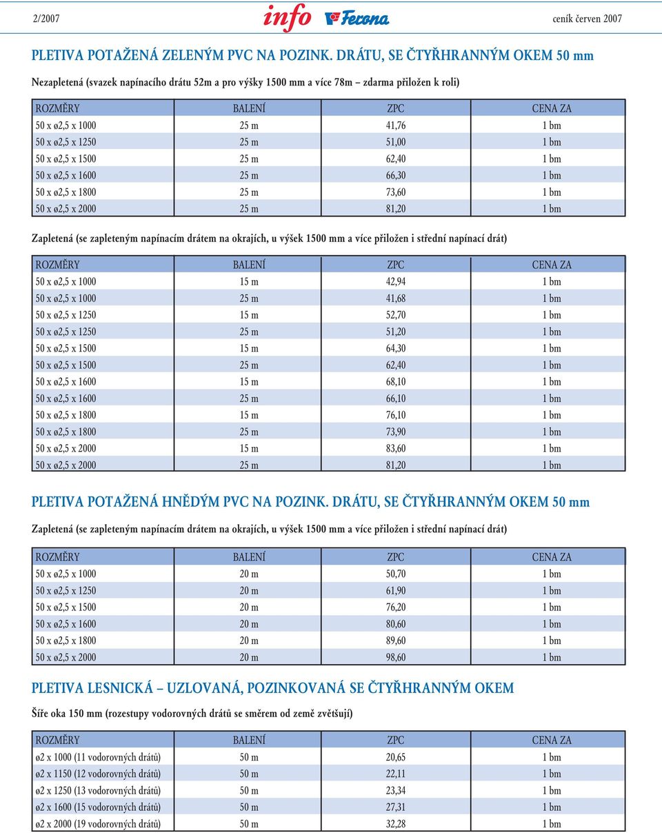 ø2,5 x 1500 25 m 62,40 1 bm 50 x ø2,5 x 1600 25 m 66,30 1 bm 50 x ø2,5 x 1800 25 m 73,60 1 bm 50 x ø2,5 x 2000 25 m 81,20 1 bm Zapletená (se zapleteným napínacím drátem na okrajích, u výšek 1500 mm a