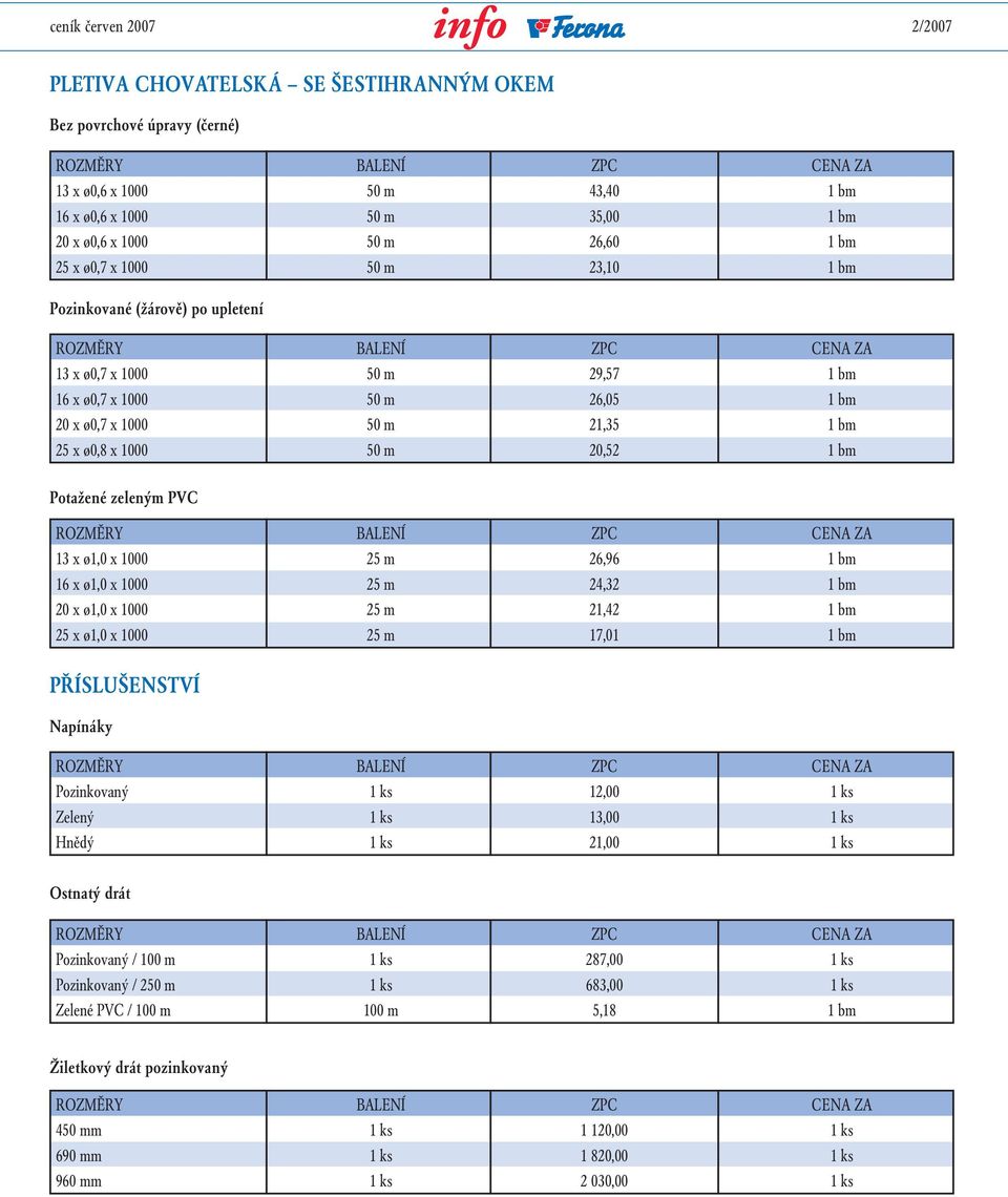 Potažené zeleným PVC 13 x ø1,0 x 1000 25 m 26,96 1 bm 16 x ø1,0 x 1000 25 m 24,32 1 bm 20 x ø1,0 x 1000 25 m 21,42 1 bm 25 x ø1,0 x 1000 25 m 17,01 1 bm PŘÍSLUŠENSTVÍ Napínáky Pozinkovaný 1 ks 12,00