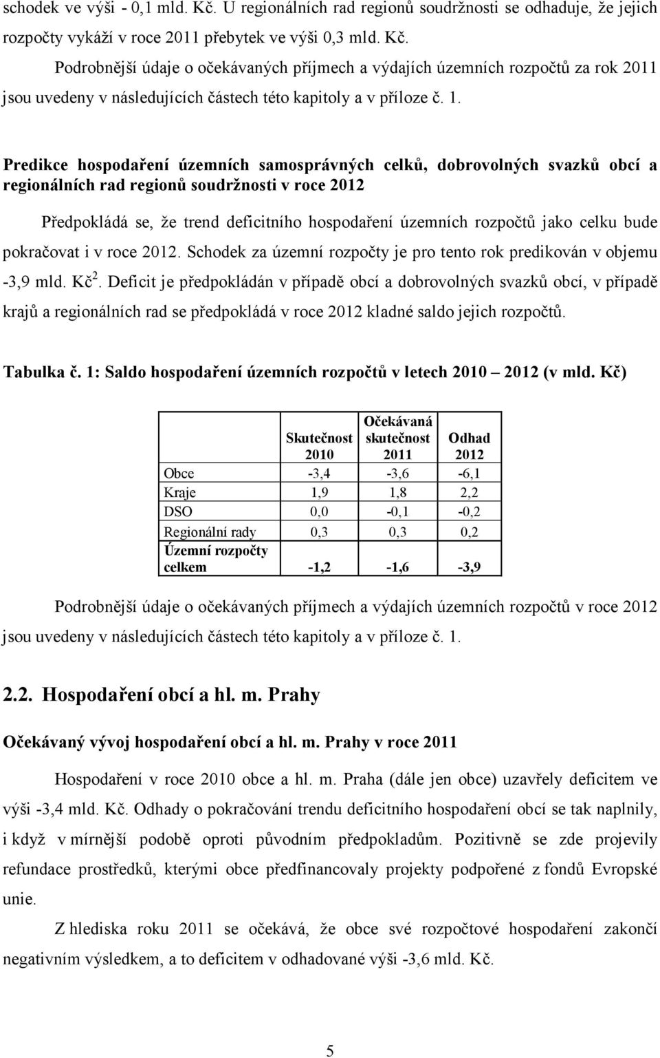 jako celku bude pokračovat i v roce 2012. Schodek za územní rozpočty je pro tento rok predikován v objemu -3,9 mld. Kč 2.