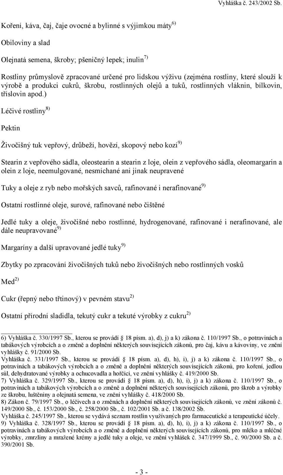 ) Léčivé rostliny 8) Pektin Živočišný tuk vepřový, drůbeží, hovězí, skopový nebo kozí 9) Stearin z vepřového sádla, oleostearin a stearin z loje, olein z vepřového sádla, oleomargarin a olein z loje,