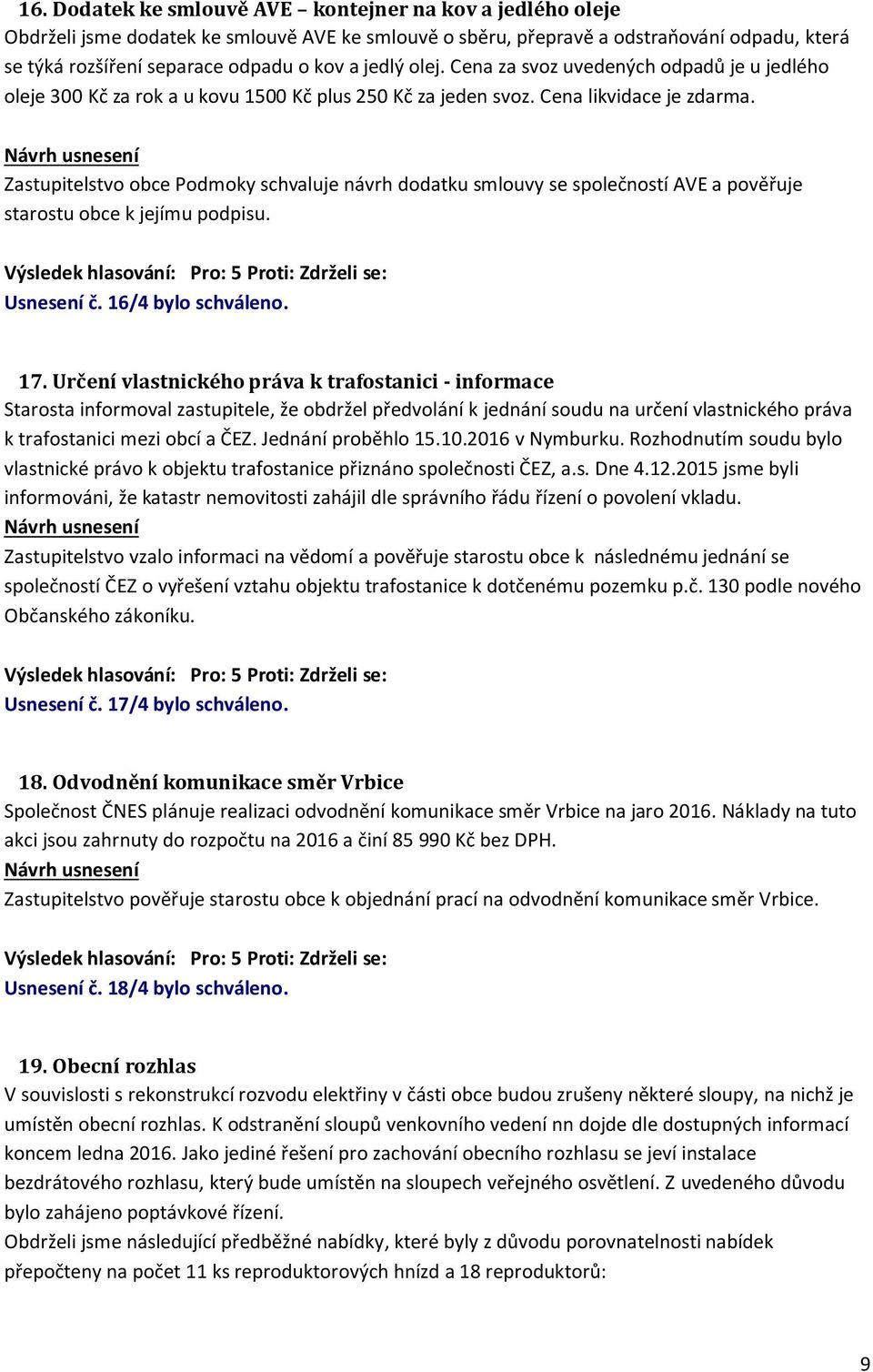 Zastupitelstvo obce Podmoky schvaluje návrh dodatku smlouvy se společností AVE a pověřuje starostu obce k jejímu podpisu. Usnesení č. 16/4 bylo schváleno. 17.