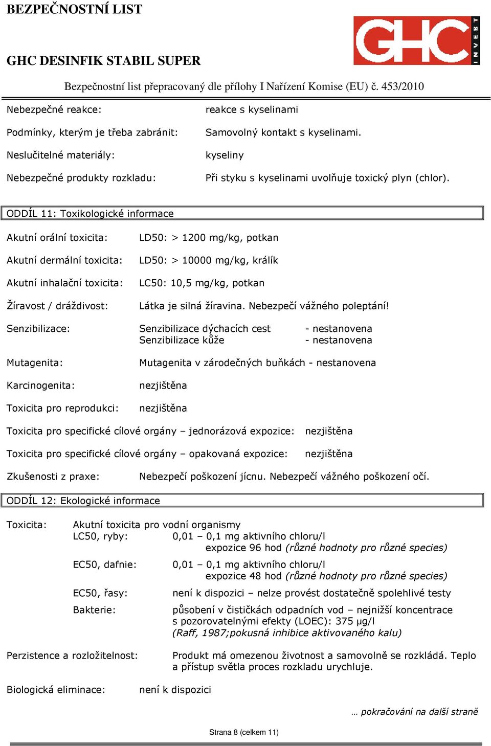 ODDÍL 11: Toxikologické informace Akutní orální toxicita: Akutní dermální toxicita: Akutní inhalační toxicita: Žíravost / dráždivost: LD50: > 1200 mg/kg, potkan LD50: > 10000 mg/kg, králík LC50: 10,5