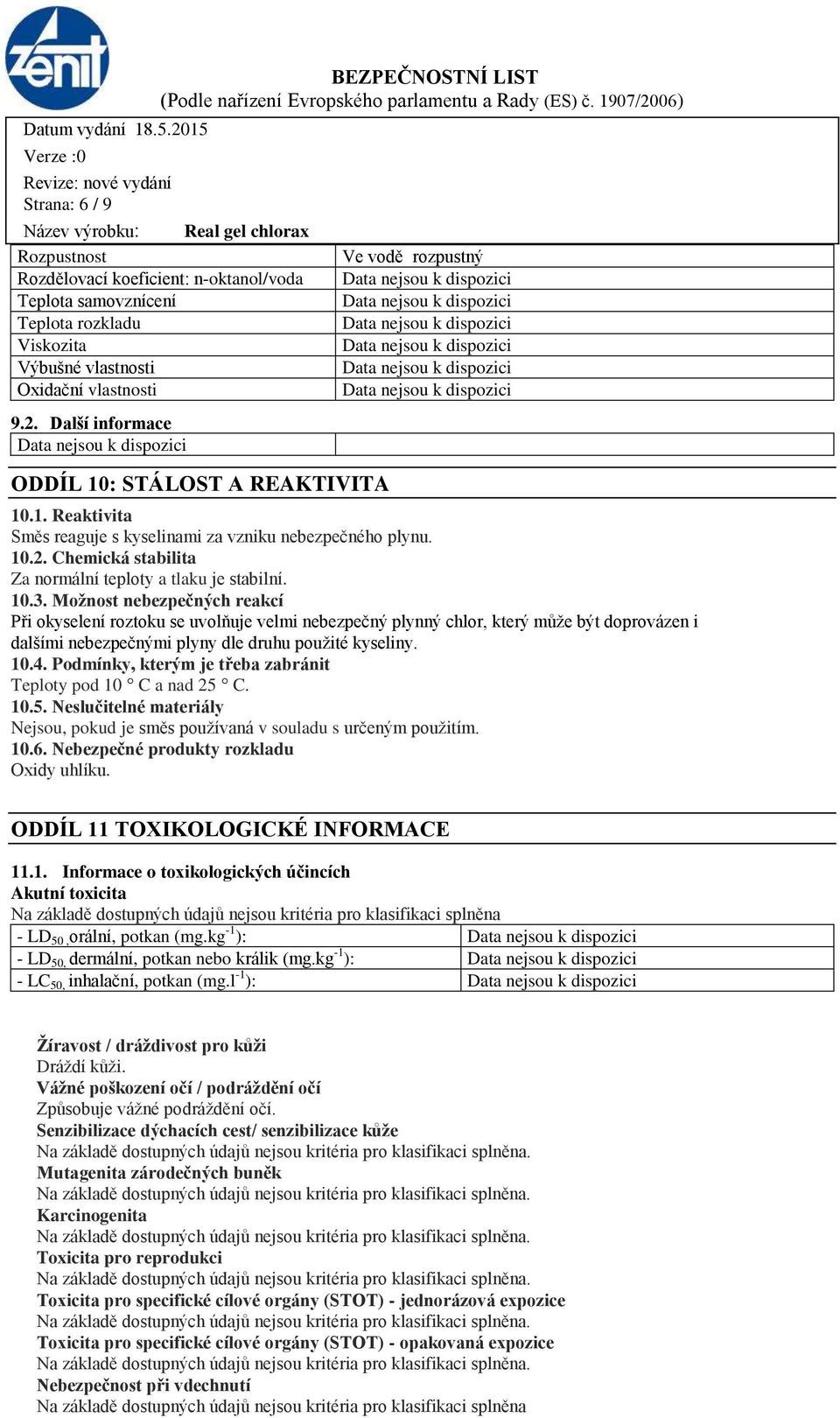 Chemická stabilita Za normální teploty a tlaku je stabilní. 10.3.