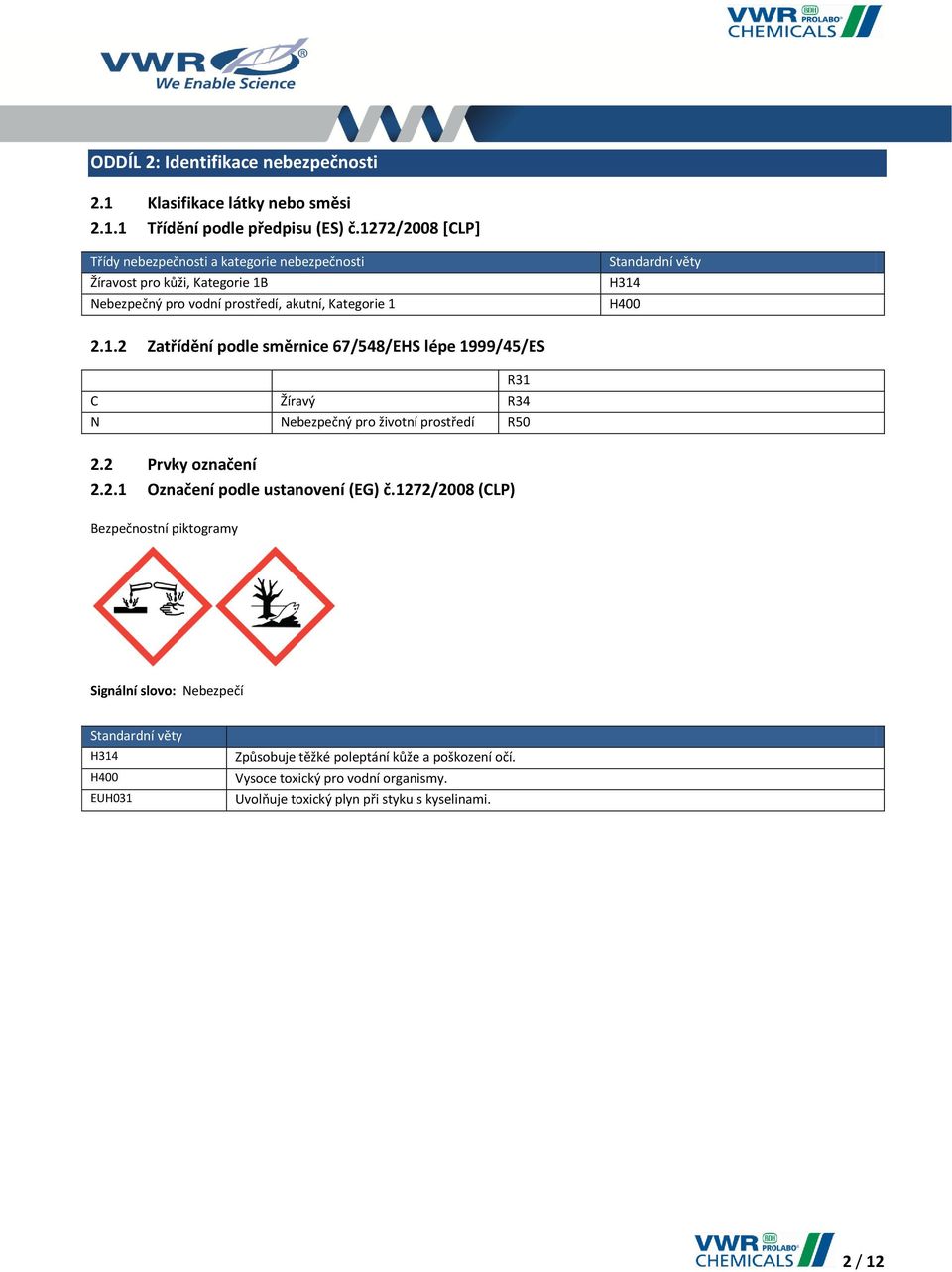 H400 2.1.2 Zatřídění podle směrnice 67/548/EHS lépe 1999/45/ES R31 C Žíravý R34 N Nebezpečný pro životní prostředí R50 2.2 Prvky označení 2.2.1 Označení podle ustanovení (EG) č.