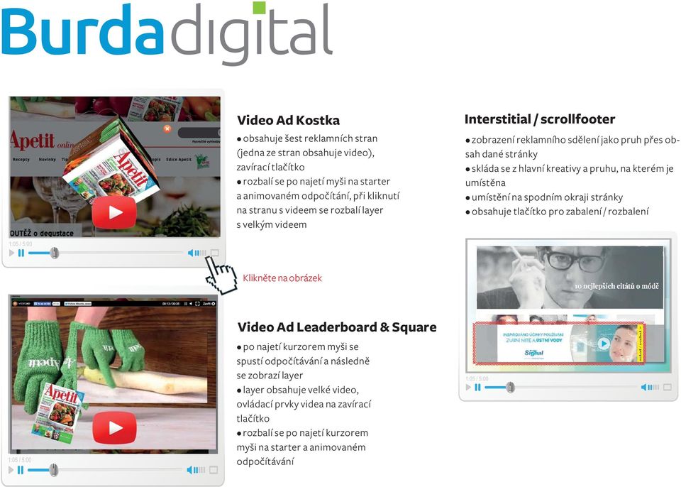 obsahuje velké video, ovládací prvky videa na zavírací tlačítko rozbalí se po najetí kurzorem myši na starter a animovaném odpočítávání Interstitial / scrollfooter zobrazení