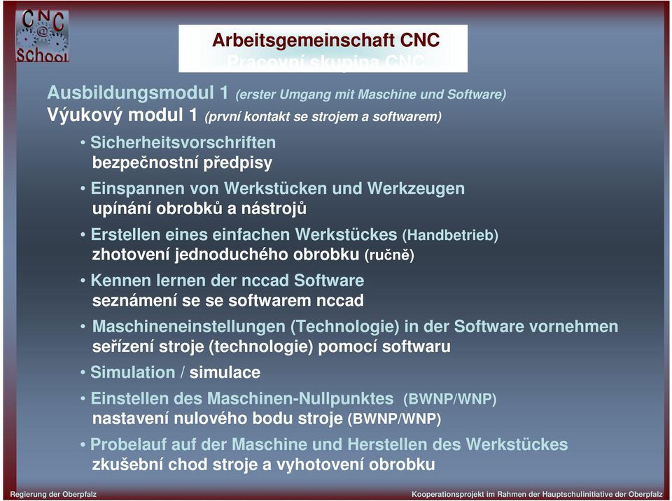 se se softwarem nccad Maschineneinstellungen (Technologie) in der Software vornehmen seřízení stroje (technologie) pomocí softwaru Simulation / simulace Arbeitsgemeinschaft CNC Pracovní