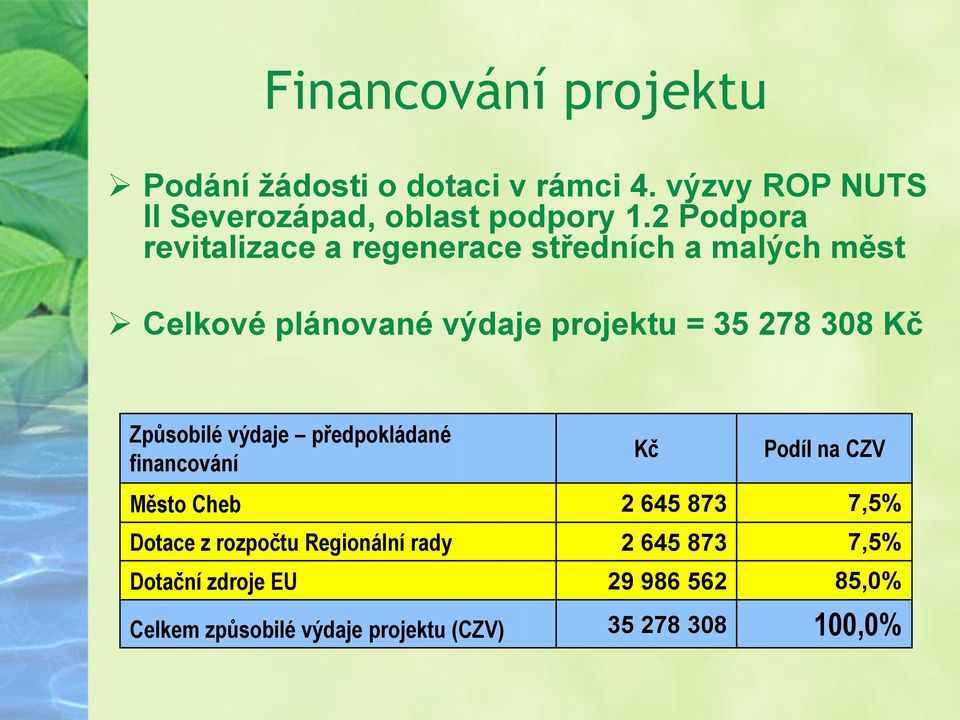 Způsobilé výdaje předpokládané financování Kč Podíl na CZV Město Cheb 2 645 873 7,5% Dotace z rozpočtu