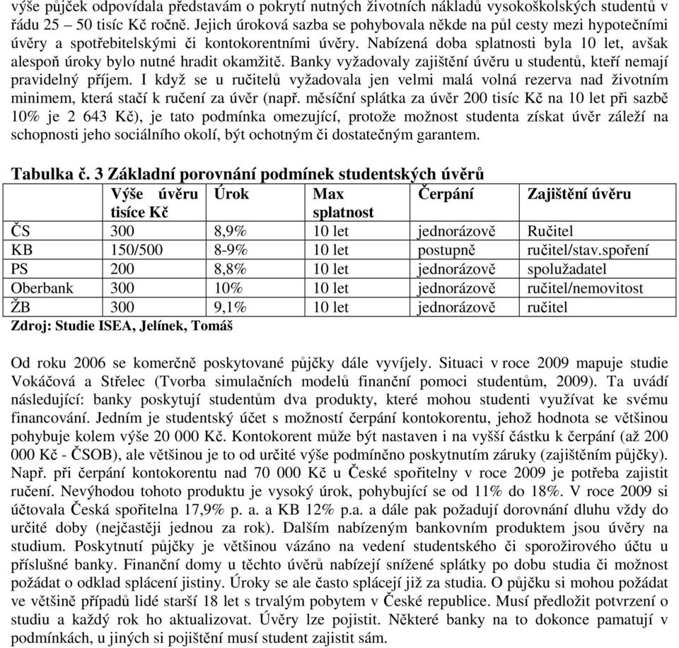 Nabízená doba splatnosti byla 10 let, avšak alespoň úroky bylo nutné hradit okamžitě. Banky vyžadovaly zajištění úvěru u studentů, kteří nemají pravidelný příjem.