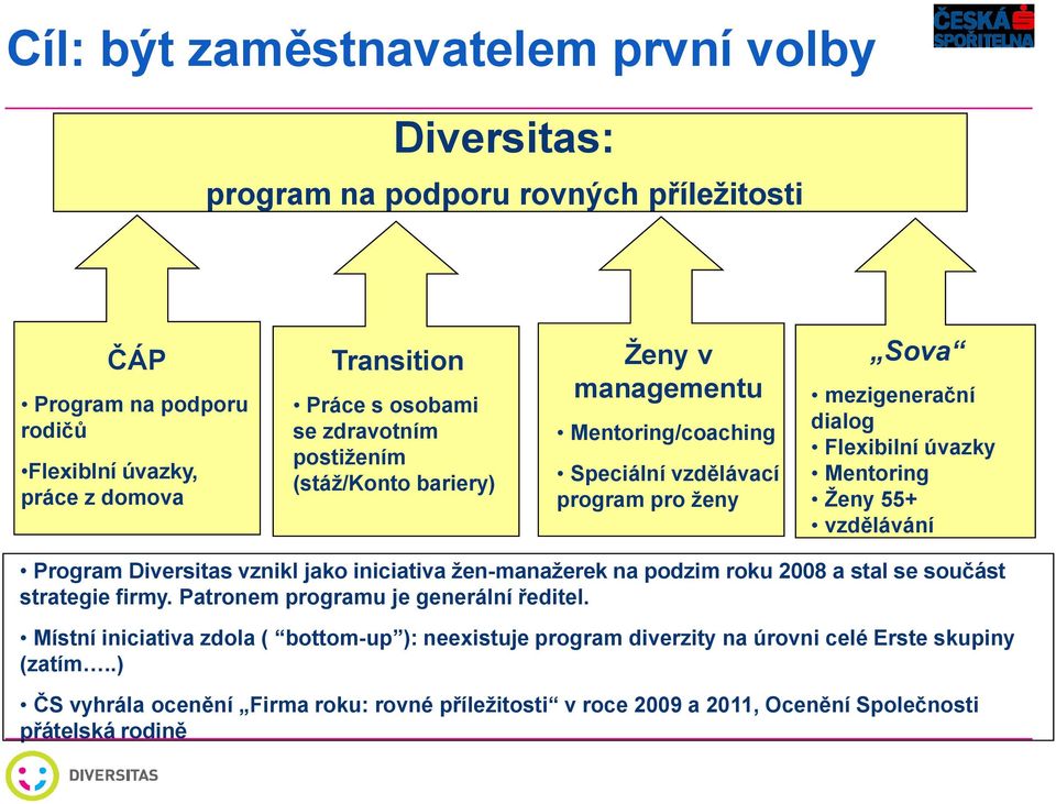 vzdělávání Program Diversitas vznikl jako iniciativa žen-manažerek na podzim roku 2008 a stal se součást strategie firmy. Patronem programu je generální ředitel.