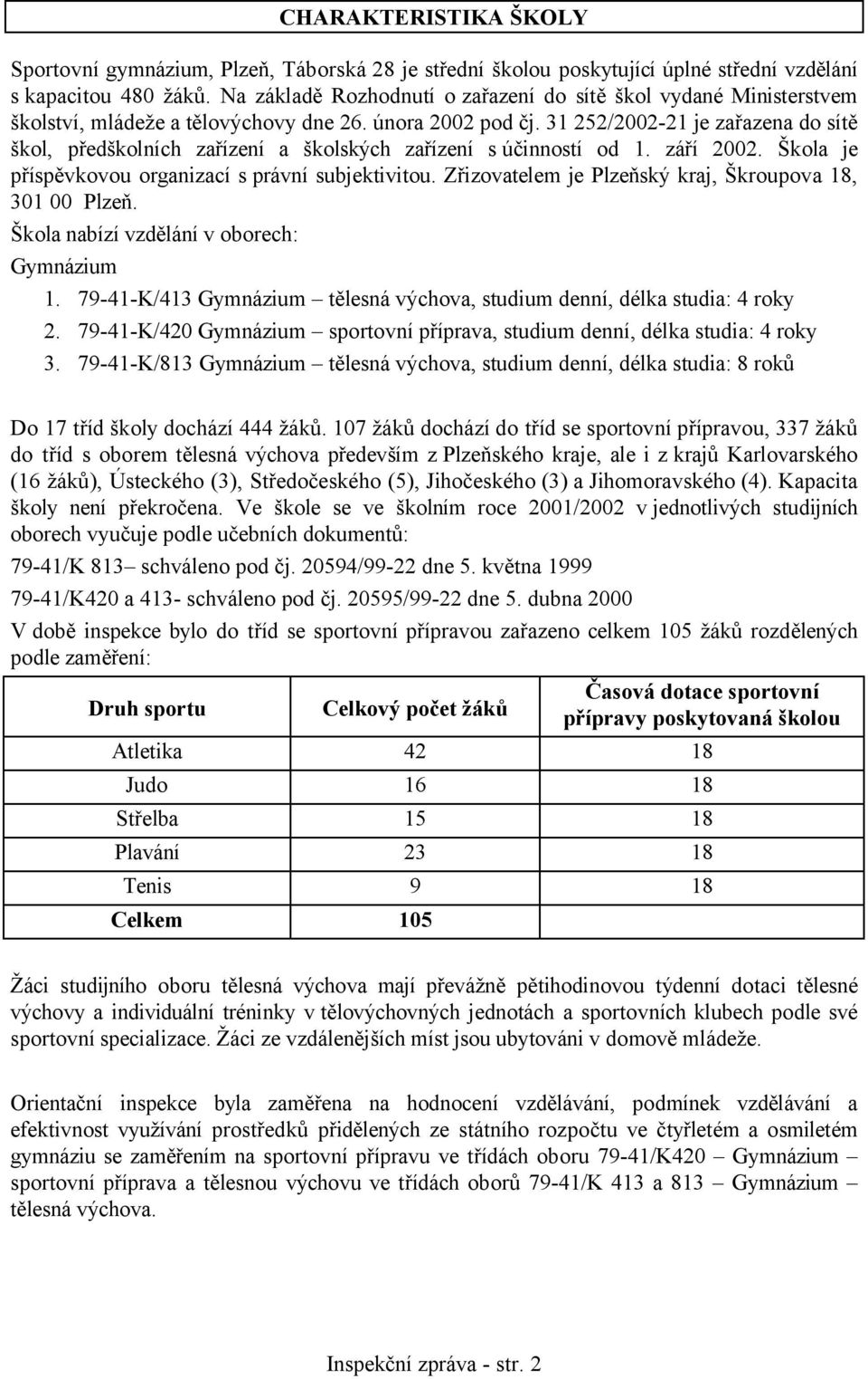 31 252/2002-21 je zařazena do sítě škol, předškolních zařízení a školských zařízení s účinností od 1. září 2002. Škola je příspěvkovou organizací s právní subjektivitou.