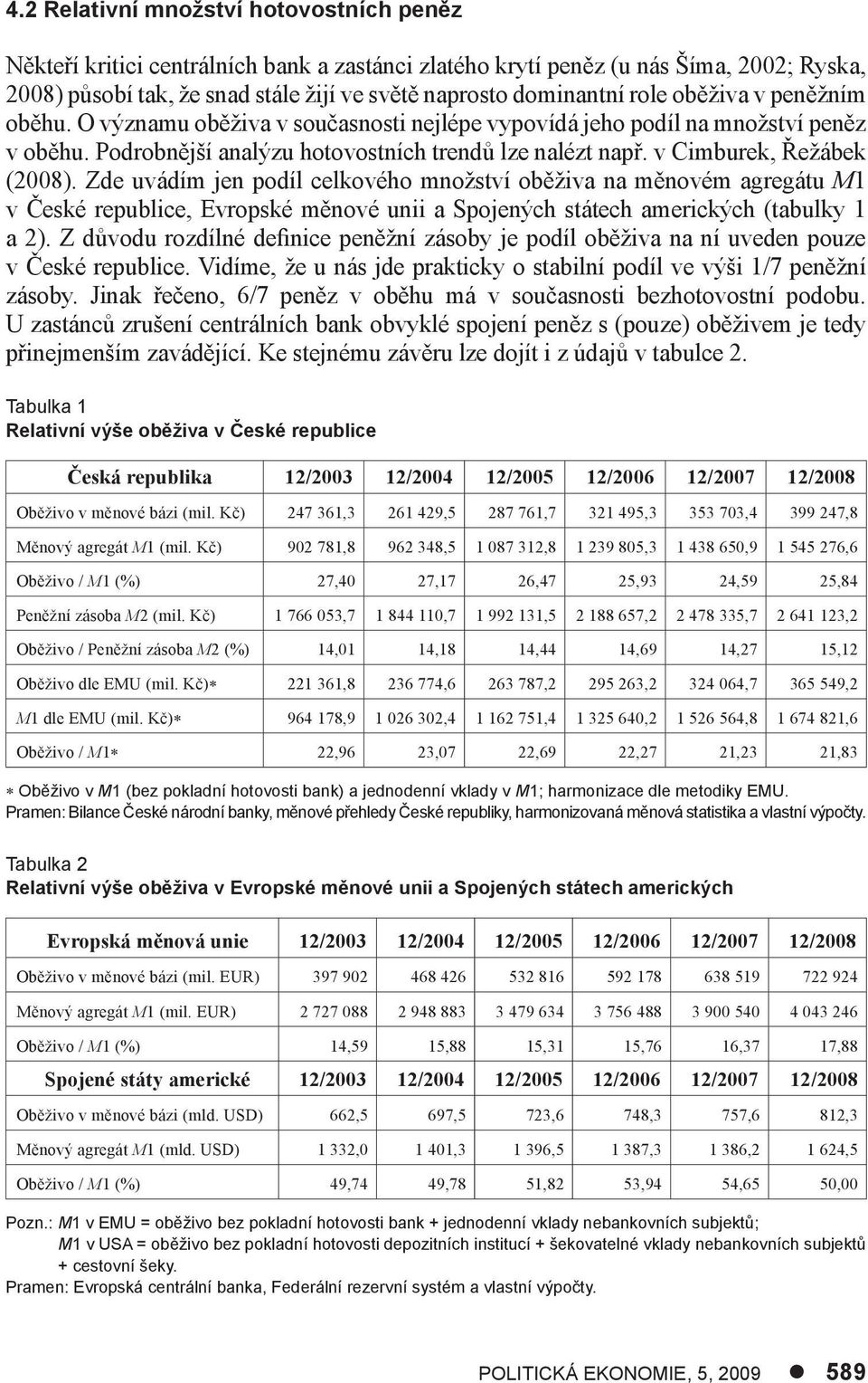 v Cimburek, Řežábek (2008). Zde uvádím jen podíl celkového množství oběživa na měnovém agregátu M1 v České republice, Evropské měnové unii a Spojených státech amerických (tabulky 1 a 2).