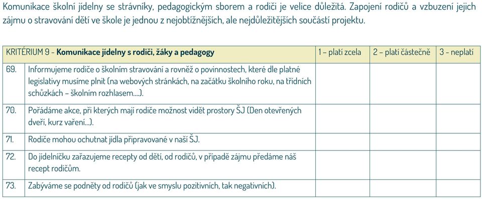 KRITÉRIUM 9 - Komunikace jídelny s rodiči, žáky a pedagogy 1 platí zcela 2 platí částečně 3 - neplatí 69.