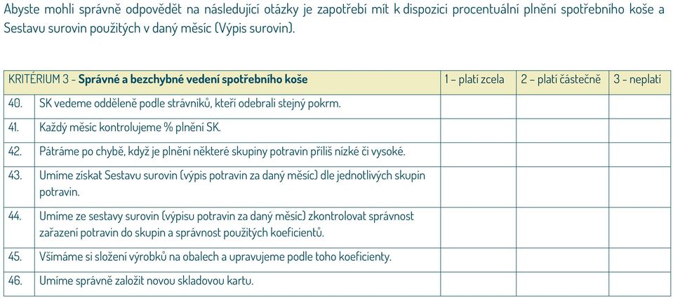 Každý měsíc kontrolujeme % plnění SK. 42. Pátráme po chybě, když je plnění některé skupiny potravin příliš nízké či vysoké. 43.