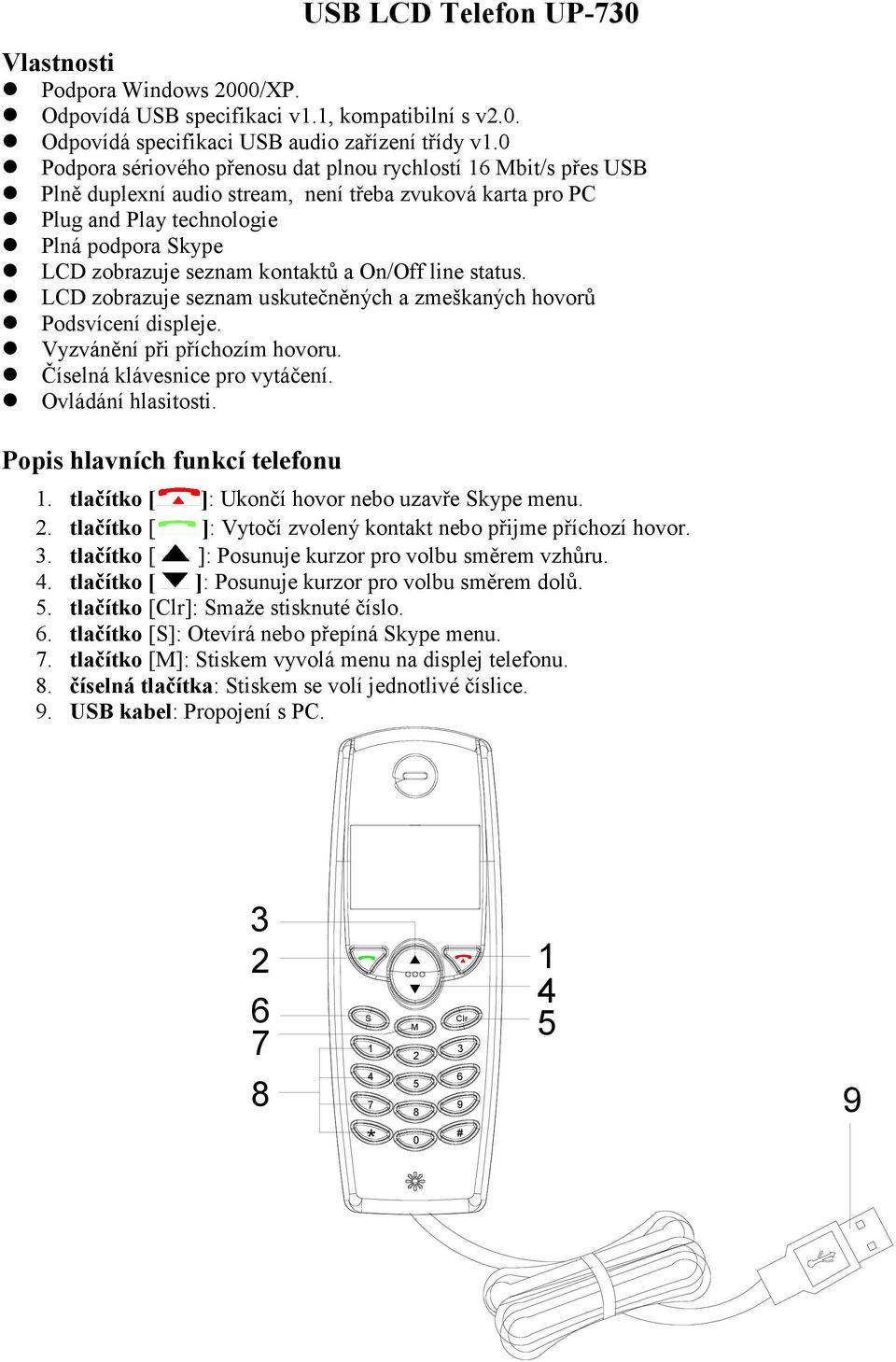 kontaktů a On/Off line status. LCD zobrazuje seznam uskutečněných a zmeškaných hovorů Podsvícení displeje. Vyzvánění při příchozím hovoru. Číselná klávesnice pro vytáčení. Ovládání hlasitosti.