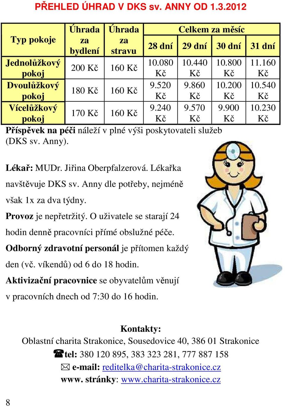 160 Kč 10.540 Kč 10.230 Kč Lékař: MUDr. Jiřina Oberpfalzerová. Lékařka navštěvuje DKS sv. Anny dle potřeby, nejméně však 1x za dva týdny. Provoz je nepřetržitý.