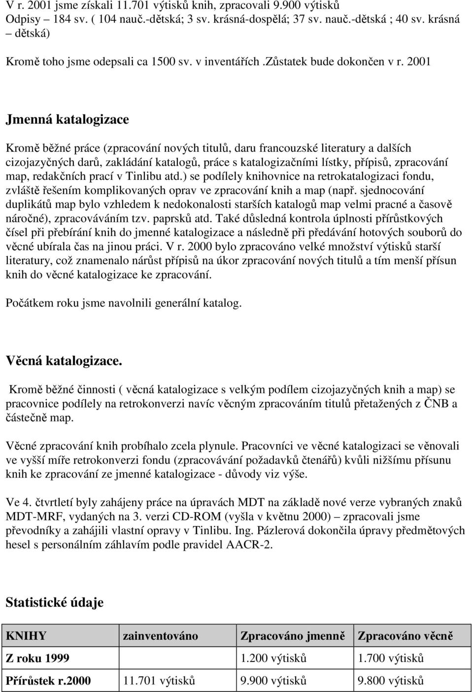 2001 Jmenná katalogizace Kromě běžné práce (zpracování nových titulů, daru francouzské literatury a dalších cizojazyčných darů, zakládání katalogů, práce s katalogizačními lístky, přípisů, zpracování