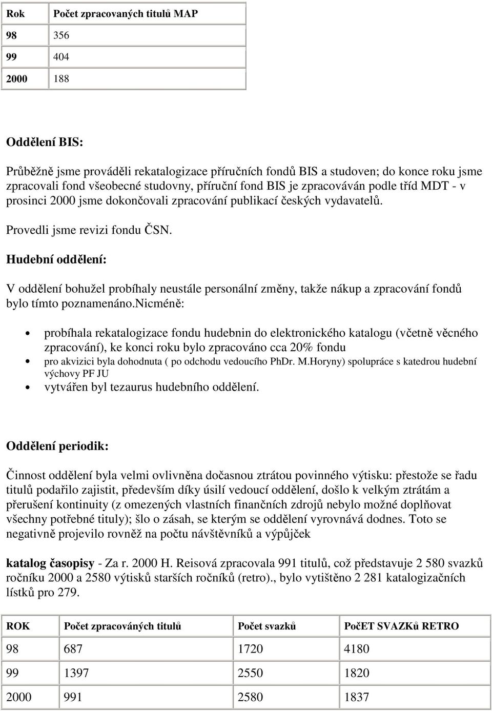 Hudební oddělení: V oddělení bohužel probíhaly neustále personální změny, takže nákup a zpracování fondů bylo tímto poznamenáno.