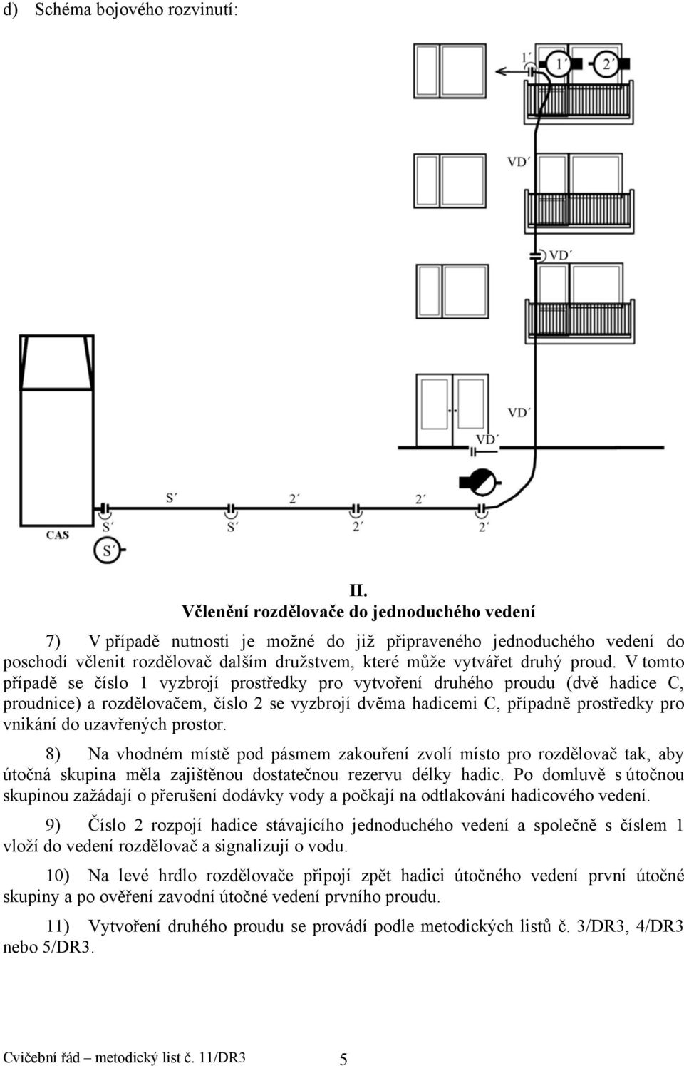 V tomto případě se číslo 1 vyzbrojí prostředky pro vytvoření druhého proudu (dvě hadice C, proudnice) a rozdělovačem, číslo 2 se vyzbrojí dvěma hadicemi C, případně prostředky pro vnikání do