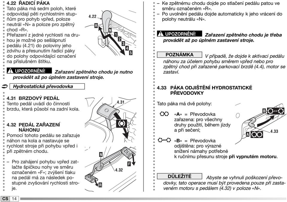 Zařazení zpětného chodu je nutno provádět až po úplném zastavení stroje. Hydrostatická převodovka 4.