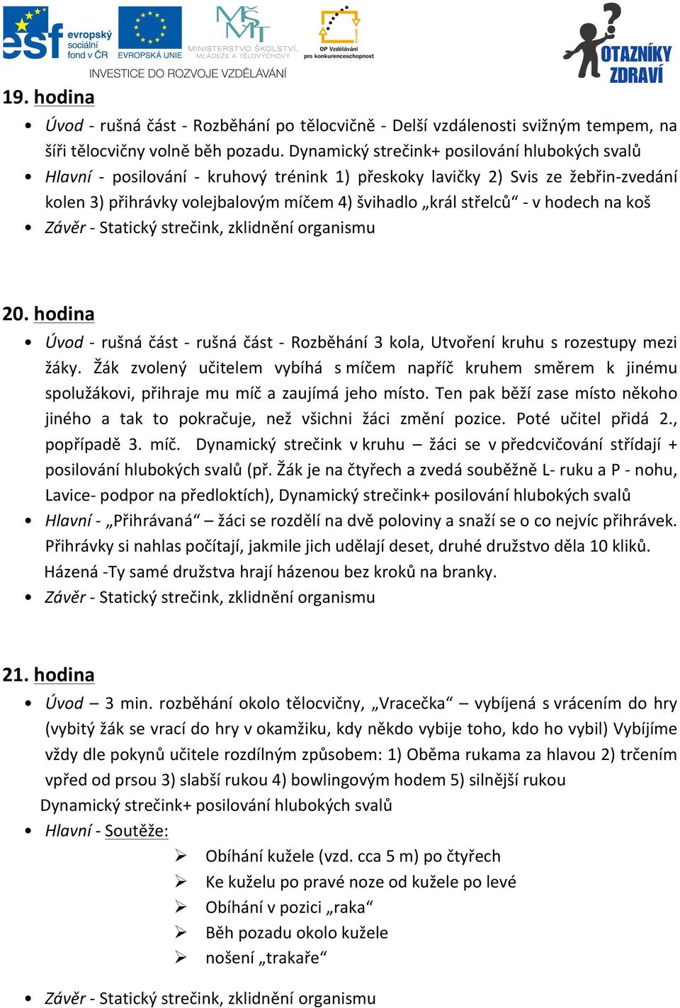 hodech na koš Závěr - Statický strečink, zklidnění organismu 20. hodina Úvod - rušná část - rušná část - Rozběhání 3 kola, Utvoření kruhu s rozestupy mezi žáky.