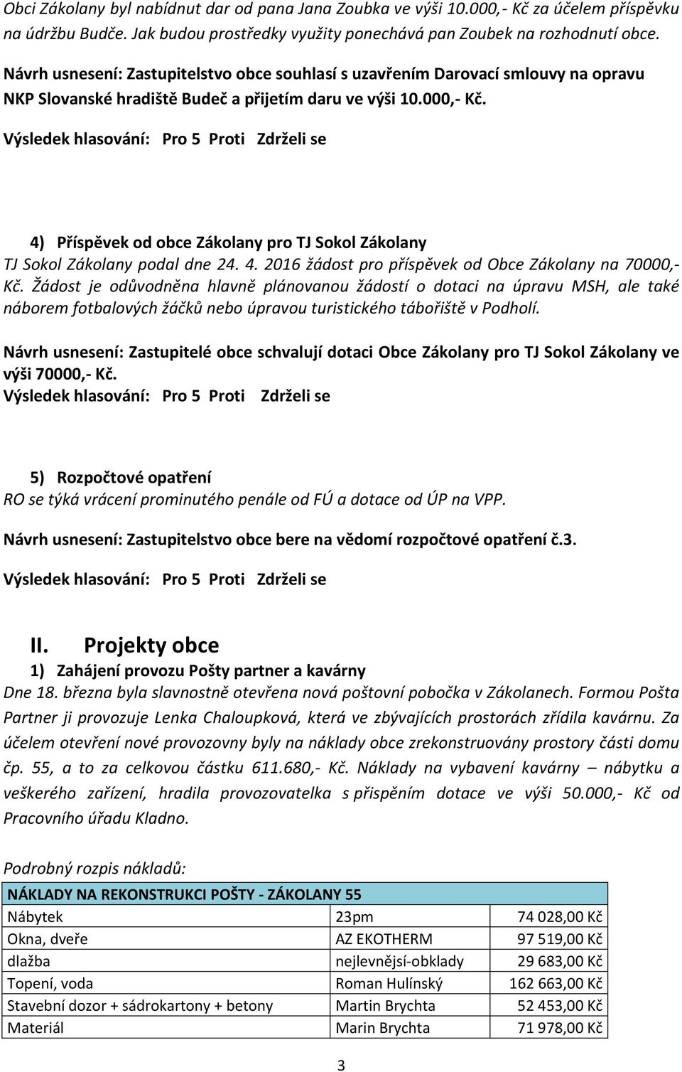 4) Příspěvek od obce Zákolany pro TJ Sokol Zákolany TJ Sokol Zákolany podal dne 24. 4. 2016 žádost pro příspěvek od Obce Zákolany na 70000,- Kč.