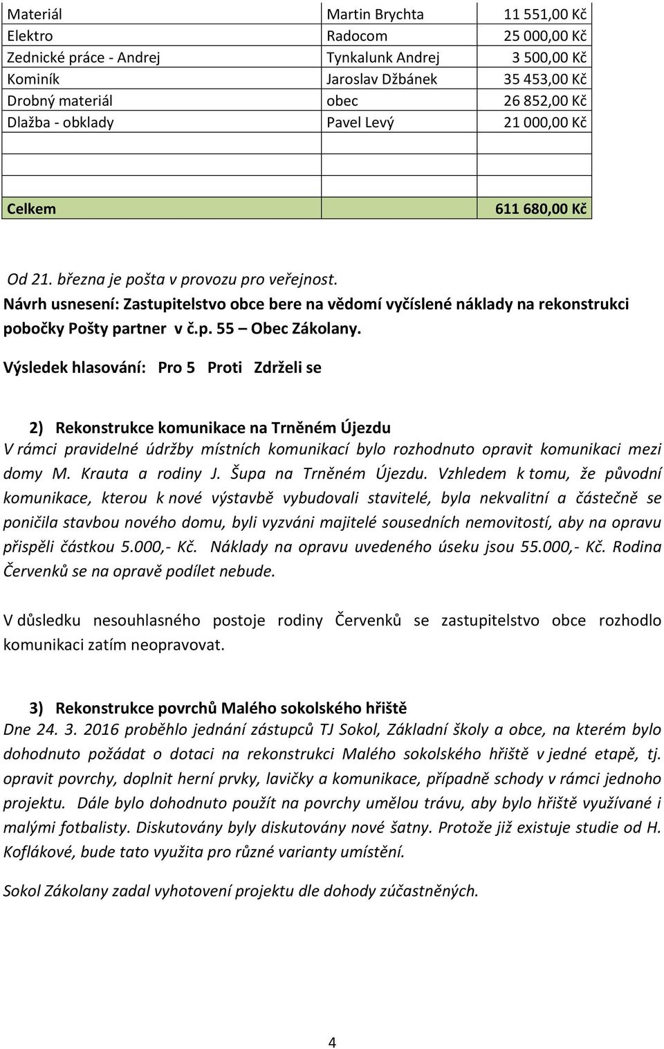 Návrh usnesení: Zastupitelstvo obce bere na vědomí vyčíslené náklady na rekonstrukci pobočky Pošty partner v č.p. 55 Obec Zákolany.