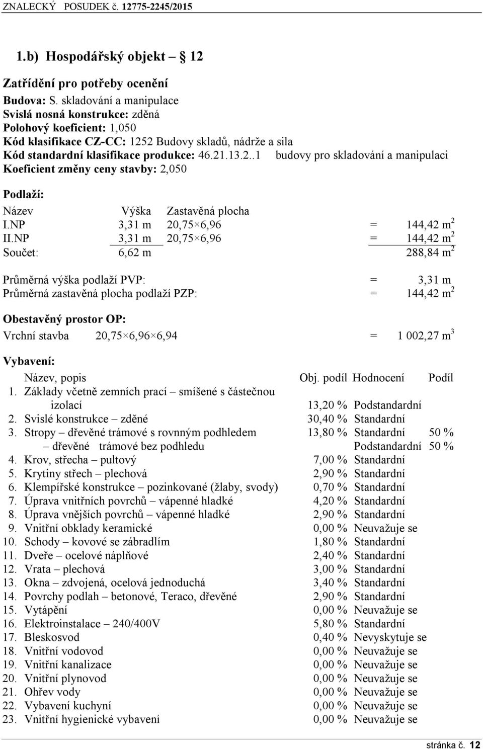 2 Budovy skladů, nádrže a sila Kód standardní klasifikace produkce: 46.21.13.2..1 budovy pro skladování a manipulaci Koeficient změny ceny stavby: 2,050 Podlaží: Název Výška Zastavěná plocha I.